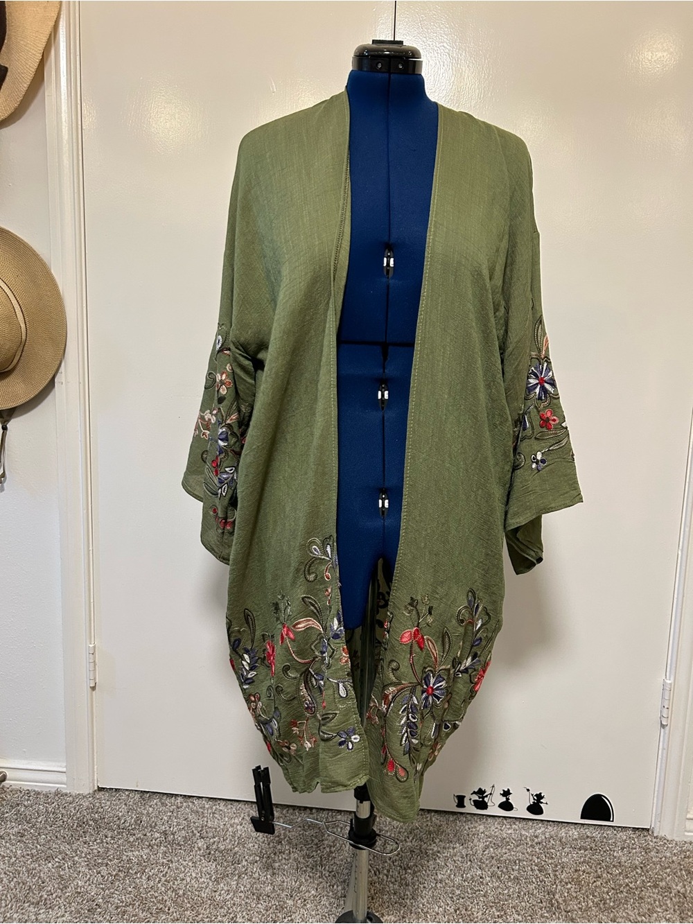 Olive Green Embroidered Open Front Women's Kimono Style Topper